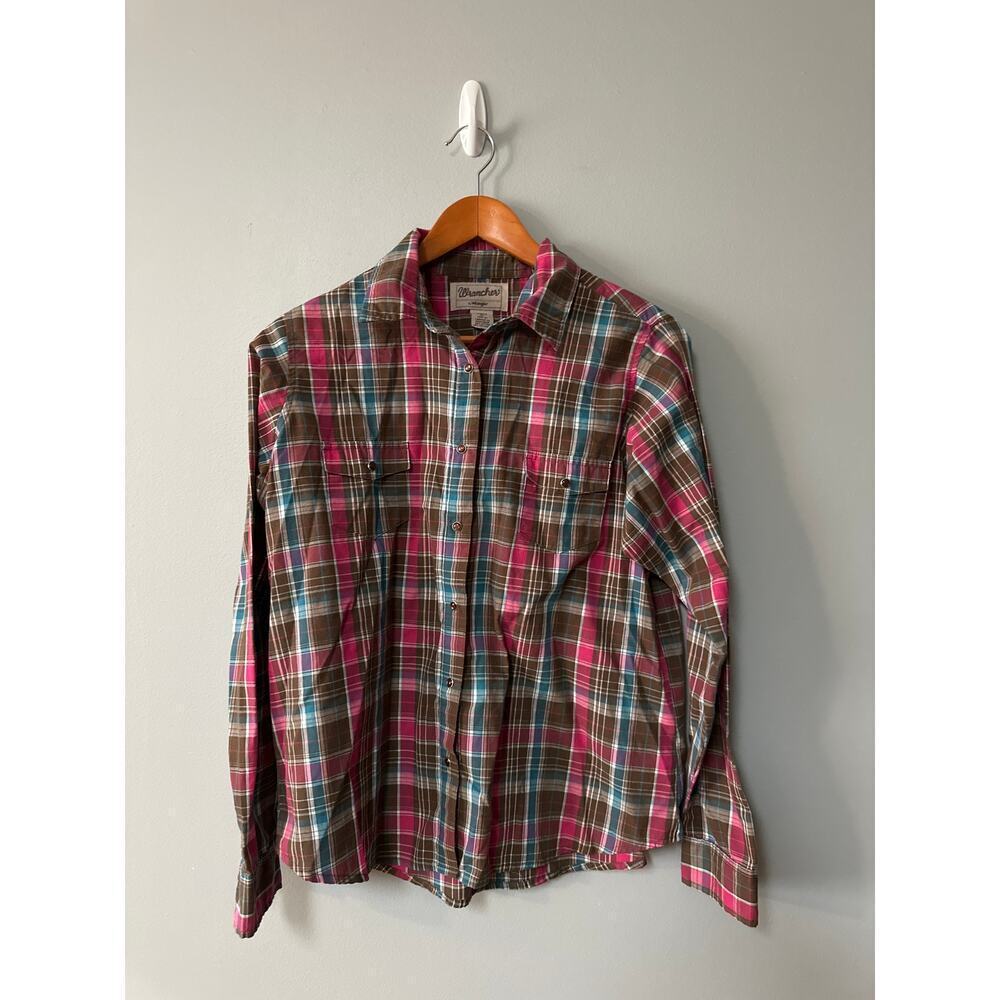 Wrangler Western Plaid Shirt Women’s XL Pink Teal Brown Button Front Snap Casual